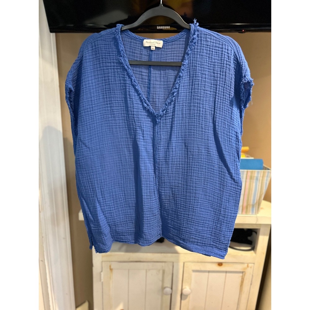 Michael Stars Draya Blue Cotton Gauze V-Neck Top Short Sleeve Size S